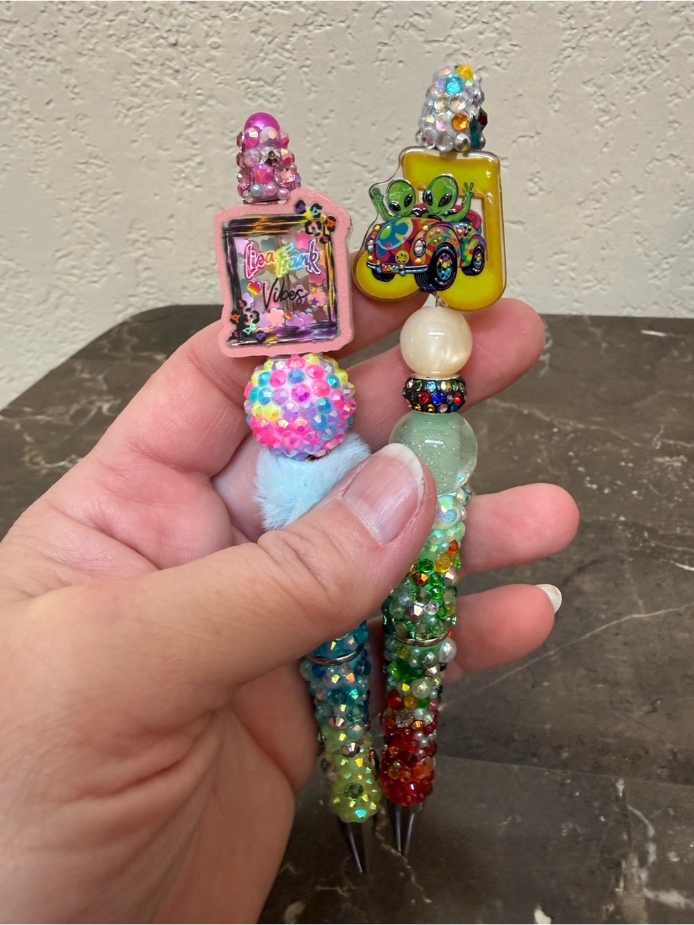 Lisa Frank Aliens Colorful Rhinestone Beaded Pen Set Handmade